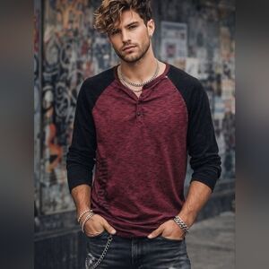 GUESS Cotton Blend Red Black Raglan Long Sleeve Henley Tee Men Casual Streetwear